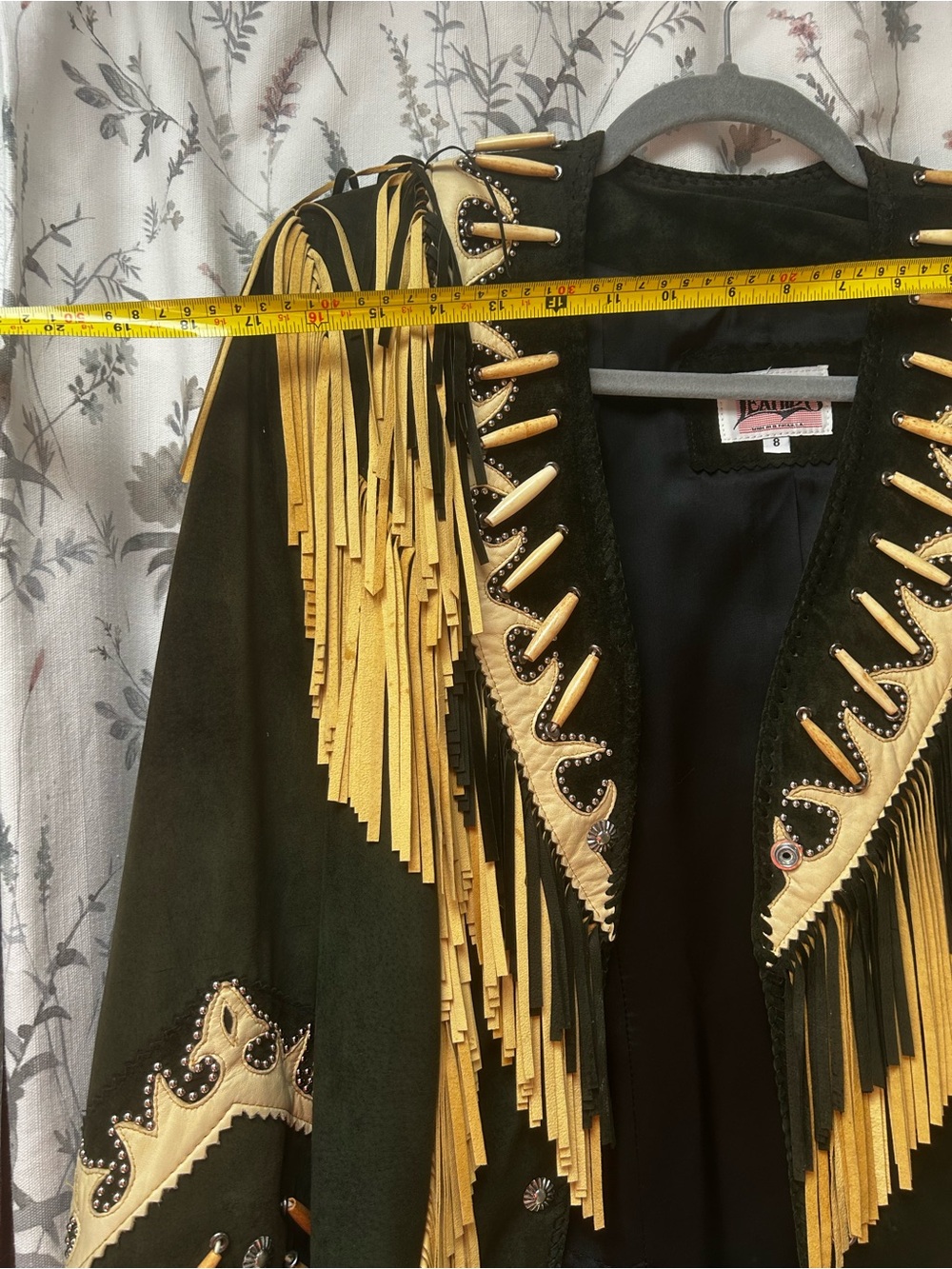 Black Suede Fringe Jacket with Tan Embellished Yoke - Picture 3 of 8